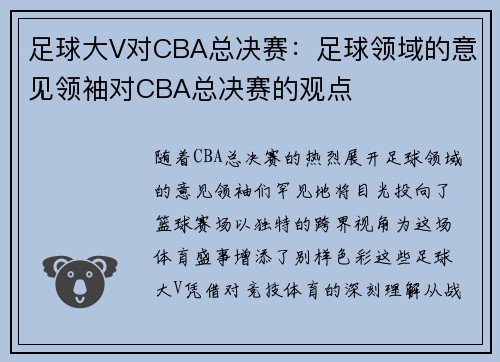 足球大V对CBA总决赛：足球领域的意见领袖对CBA总决赛的观点